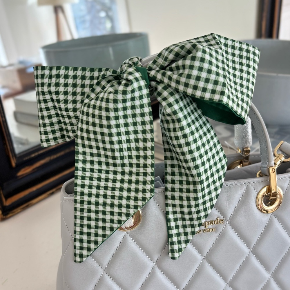 Green Gingham Ribbon Bag Scarf for bags, hair, neck, hats. - Picture 2 of 7